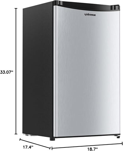 Upstreman 3.2 Cu.Ft Mini Fridge with Freezer, Stainless Steel-SR321 | Adjustable Thermostat, Energy Saving, Low Noise, Reversible Door, Small Refrigerator for Dorm, Bedroom, Office