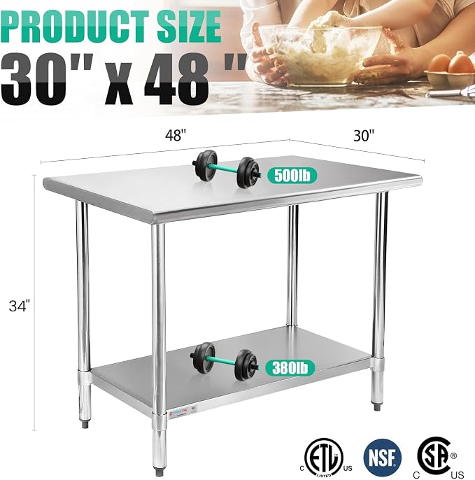 STABLEINK Stainless Steel Table with Undershelf 48x30 Inches 4ft for Prep | NSF Certified Heavy Duty Metal Work Table Workbench for Commercial Kitchen Restaurant Hotel Laundry Garage Chef Homemaker
