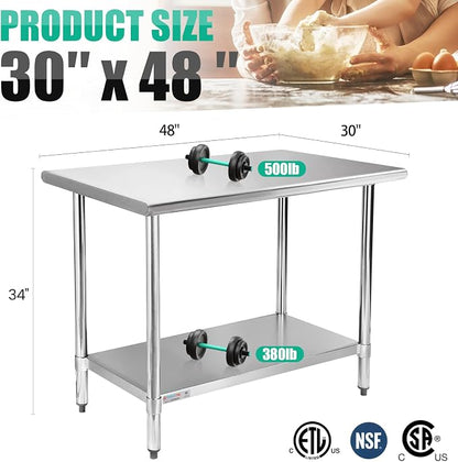 STABLEINK Stainless Steel Table with Undershelf 48x30 Inches 4ft for Prep | NSF Certified Heavy Duty Metal Work Table Workbench for Commercial Kitchen Restaurant Hotel Laundry Garage Chef Homemaker