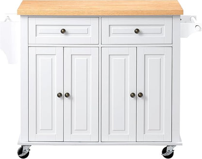 VEVOR Kitchen Island Cart with Storage, 43.7 in Wide Mobile Rolling Storage Island on Swivel Wheels, with 2 Drawers, Storage Cabinet, Spice/Towel Rack, Hooks, Table for Home Dining Room, White | Home Dining Use, Spice Towel Rack With Hooks, Cabinet She...