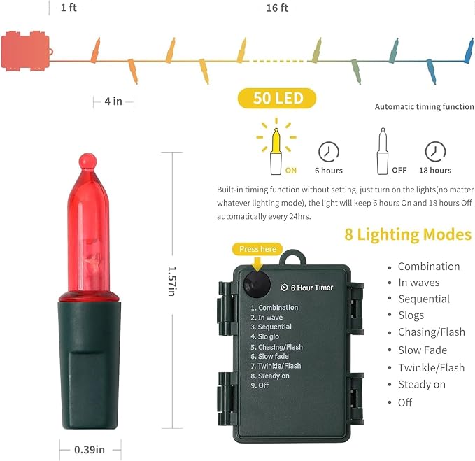 WATERGLIDE 2 Pack 50 LED Outdoor Valentines Lights, 16FT Battery Operated Mini String Lights with 8 Modes & Timer, Christmas Tree Lights Waterproof for Patio Garden Party Holiday Decor, Red & White