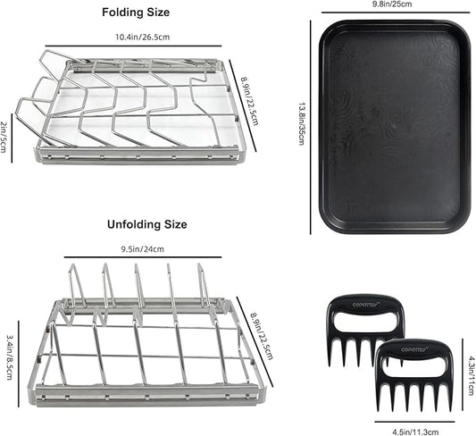 Foldable Rib Rack for Smoking, Stainless Steel 10 in Rib Rack with 2 Meat Shredder Claws, and Black PP Tray, Perfect for Grilling, Smoking, and Serving, BBQ Accessories