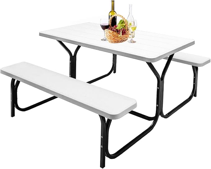 GYMAX Picnic Table, Picnic Bench Easy to Assemble w/All Weather Wood Grain Tabletop & Metal Frame, Picnic Tables for Outdoors Camping Backyard Deck Patio Poolside Dining Party