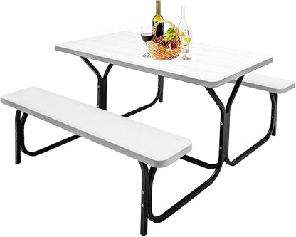GYMAX Picnic Table, Picnic Bench Easy to Assemble w/All Weather Wood Grain Tabletop & Metal Frame, Picnic Tables for Outdoors Camping Backyard Deck Patio Poolside Dining Party