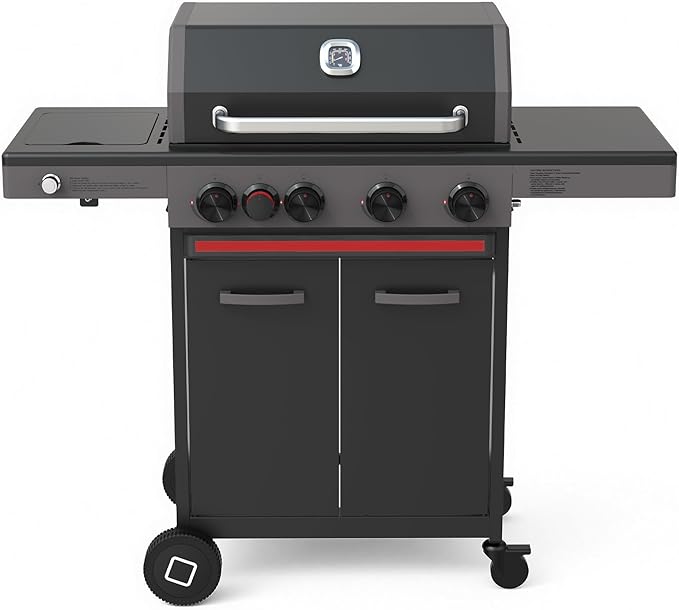 Brand-Man 4 Burner Propane Gas Grill with Infrared Side Burner, 52,000 BTU Total BBQ Grill with Porcelain-Enameled Cast Iron Diamond-Pattern Grates & Griddle for Outdoor Barbecue Grilling