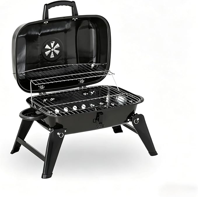 Small Charcoal Grill, Portable Outdoor BBQ Grill with Foldable Legs for Tabletop and Travel, Easy Temperature Control and Warming Rack for Cookouts