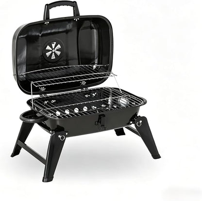 Small Charcoal Grill, Portable Outdoor BBQ Grill with Foldable Legs for Tabletop and Travel, Easy Temperature Control and Warming Rack for Cookouts