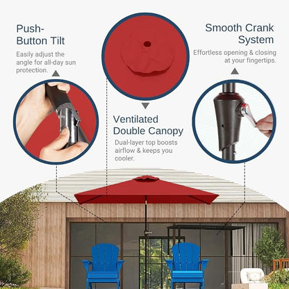 6.5' x 10' Rectangular Patio Umbrella Large Outdoor Market Umbrella w/UV Protection, Push Button Tilt and Crank Lift, Rectangle Table Umbrella for Garden, Deck, Pool, Patio, Red