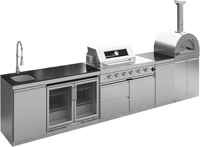 150-Inch Stainless Steel Outdoor Kitchen Island,Natural Gas BBQ Grill with Pizza Oven,Rotisserie,Double Door Refrigerator,Granite Countertop,Storage Cabinets & Drawers 108,000 BTU.