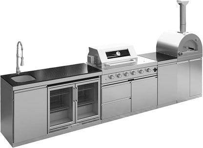 150-Inch Stainless Steel Outdoor Kitchen Island,Natural Gas BBQ Grill with Pizza Oven,Rotisserie,Double Door Refrigerator,Granite Countertop,Storage Cabinets & Drawers 108,000 BTU.