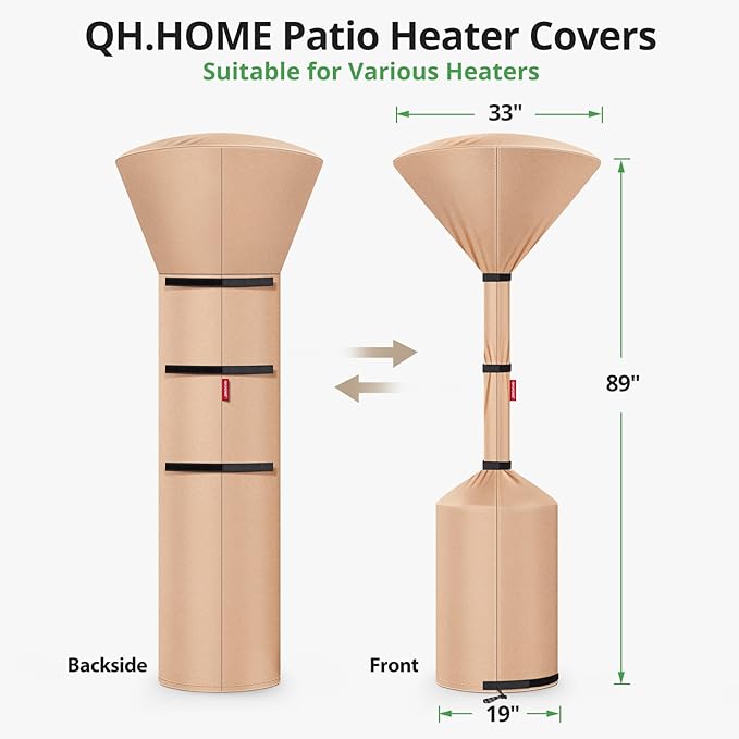 QH.HOME Patio Heater Covers, [2026 Upgraded Tear-Resistant Fabric] Waterproof with Robust Zipper,Dustproof/Wind/Sunlight/Snow-Resistant, (89"H x 33"D x 19"B ,Camel)