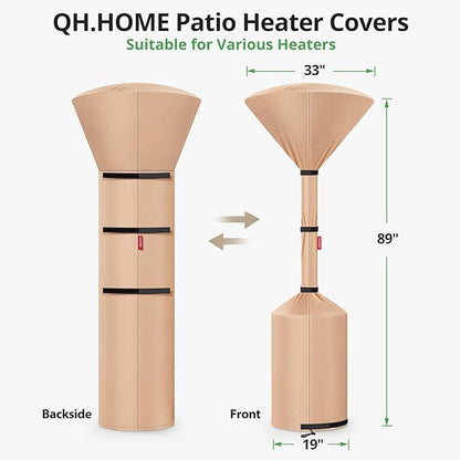 QH.HOME Patio Heater Covers, [2026 Upgraded Tear-Resistant Fabric] Waterproof with Robust Zipper,Dustproof/Wind/Sunlight/Snow-Resistant, (89"H x 33"D x 19"B ,Camel)