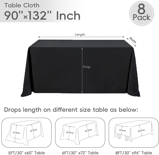 8 Pack Black Tablecloths 90 x 132 Inch Rectangle For 6 Foot Tables | Wrinkle Resistant, Washable Polyester Fabric, Rectangular Table Cloth for Wedding Party Banquet Buffet and Camping
