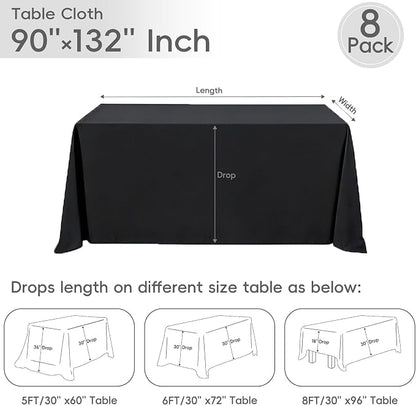 8 Pack Black Tablecloths 90 x 132 Inch Rectangle For 6 Foot Tables | Wrinkle Resistant, Washable Polyester Fabric, Rectangular Table Cloth for Wedding Party Banquet Buffet and Camping