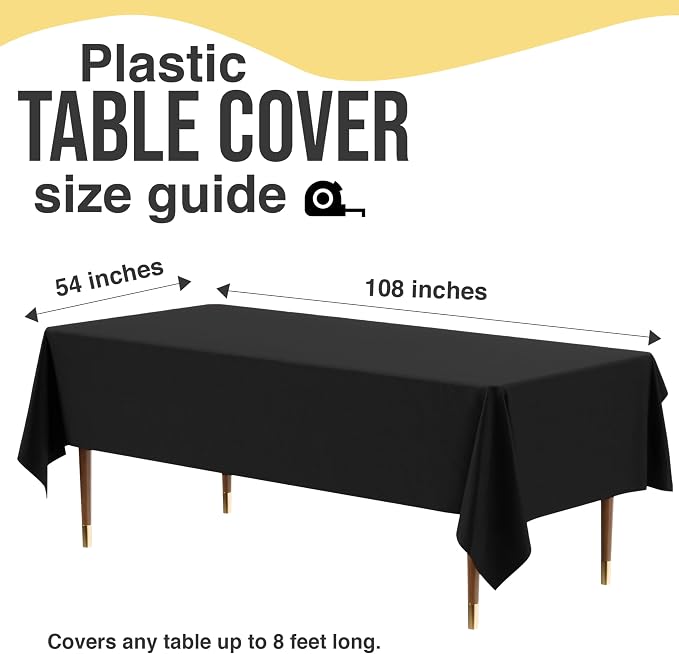 Exquisite Party Solids 66% Thicker Premium Plastic Table Cloth Rectangle Table Cover 0.5 Mil 6 Pack Black Table Cloth 54 Inch x 108 Inch Disposable Tablecloth Won't Tear Easily Like Cheap Thin Brands