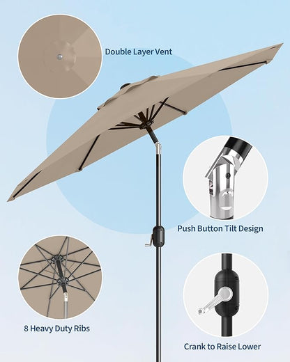 GarveeLife 9 ft Patio Umbrella, Outdoor Table Market Umbrella with Push Button Tilt and Crank, 8 Sturdy Ribs UV Protection Waterproof for Garden, Deck, Backyard, Pool (Tan)