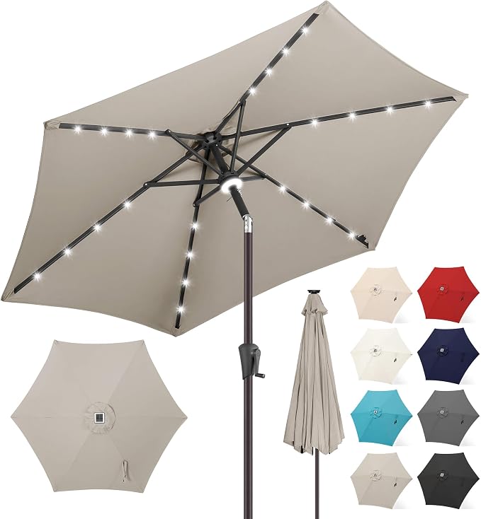 FLAME&SHADE Solar Patio Umbrella with Centre Light, 7.5 FT Taupe | UV Protection, Small Solar Outdoor Umbrella for Porch, Deck, Backyard, Garden, Provides Evening Lighting, 24 LED Lights
