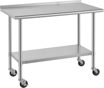 ROCKPOINT All Stainless Steel Prep Table with Caster & Backsplash 24x48 Inch，Commercial Heavy Duty Workbench with Stainless Legs & Adjustable Undershelf,830 lb Capacity for Outdoor Kitchens with Wheel