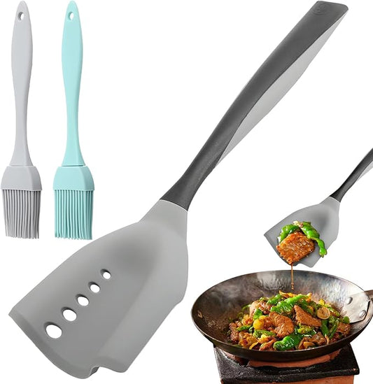 3-Piece Silicone Kitchen Utensil Set - 1 Flexible Turner and 2 Heat Resistant Basting Brushes, Non-Stick Cookware Safe Tools for Mixing, Flipping, Grilling
