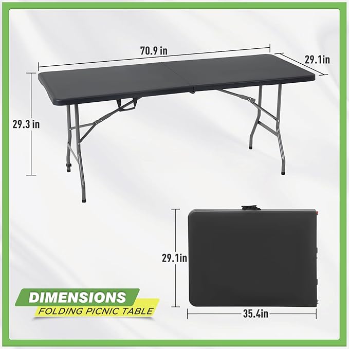 BestOffice | 6FT Folding Table | Black | Portable Plastic Table | with Carry Handle | Waterproof & Foldable Table Design | Steel Frame with Lock | for Events, Camping, Indoor & Outdoor Use