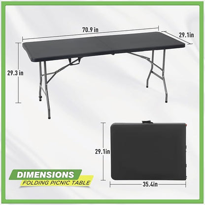 BestOffice | 6FT Folding Table | Black | Portable Plastic Table | with Carry Handle | Waterproof & Foldable Table Design | Steel Frame with Lock | for Events, Camping, Indoor & Outdoor Use