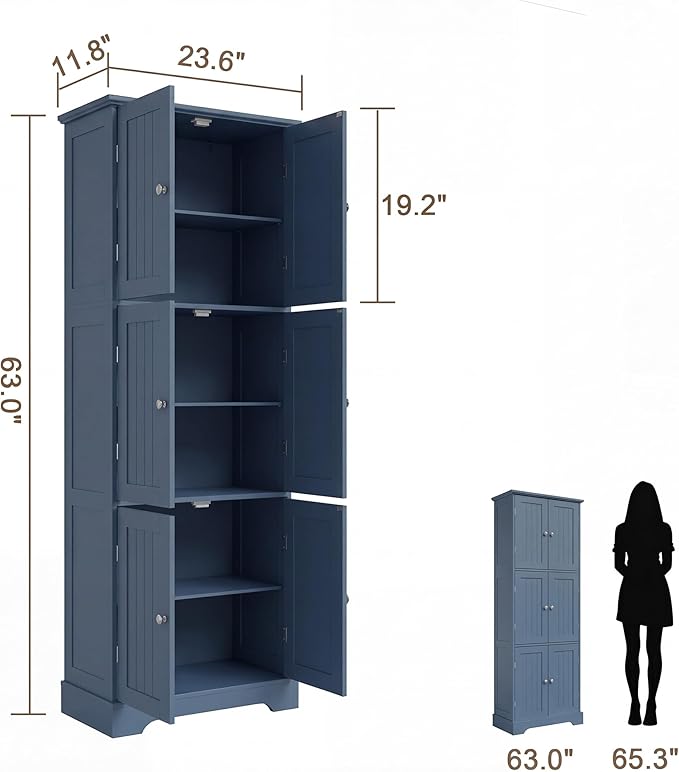 ChooChoo 63.2" Tall Bathroom Storage Cabinet with 6 Doors | Freestanding Floor Cabinet, Adjustable Shelves, Pantry Cabinet for Bathroom, Kitchen, Laundry Room, Blue