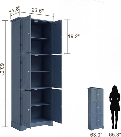 ChooChoo 63.2" Tall Bathroom Storage Cabinet with 6 Doors | Freestanding Floor Cabinet, Adjustable Shelves, Pantry Cabinet for Bathroom, Kitchen, Laundry Room, Blue