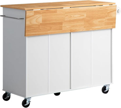 VEVOR Kitchen Island Cart with Storage, 47.64 in Wide Mobile Rolling Storage Island on Swivel Wheels, with 2 Drawers, Storage Cabinet, Drop Leaf, Towel Rack, Table for Home Dining Room, White
