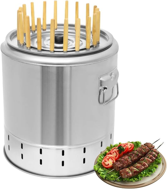 Portable Smokeless Barbecue Charcoal Barrel Grill, Stainless Steel Surround Charcoal Kebab Grill with 20 Skewers, 2-In-1 BBQ Grills for Outdoor Indoor Camping Picnics Gardens Parties