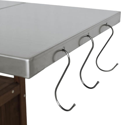 Christopher Knight Home Edsel Outdoor Bar Cart with Stainless Steel Top and Lockable Wheels, Solid Wood Outdoor Storage Cabinet, Kitchen Island Serving Cart for Poolside, Garden, Brown+Silver
