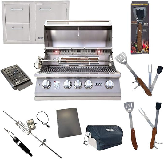 Lion Premium Grills 32-Inch Liquid Propane Grill L75000 and Lion Combination Door Drawer Exclusive with Best of Backyard Gourmet Package