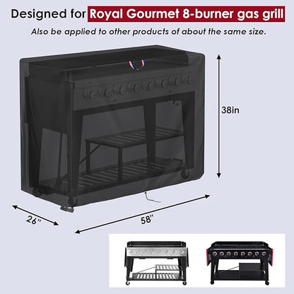 58 inch Grill Cover for Royal-Gourme-t 8-Burner Gas Grill, Flat Top Grill Cover, Waterproof BBQ Cover for Outdoor Liquid Propane Griddle Cover - 58" x 26" x 38"