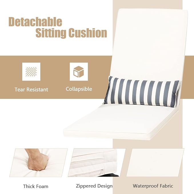 HAPPYGRILL Patio Chaise Lounge Chair Outdoor Rattan Wicker Recliner with Thick Cushion, Lumbar Pillow, Adjustable Backrest for Garden Porch Lawn Poolside
