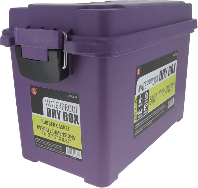SE Waterproof Dry Box with Detachable Lid – 14" x 7.5" x 8.67" Purple Storage Case with Rubber Gasket Seal, Snap Closures & Handle for Camping, Boating, Fishing Gear & Outdoor Protection - 87466DBL-PU