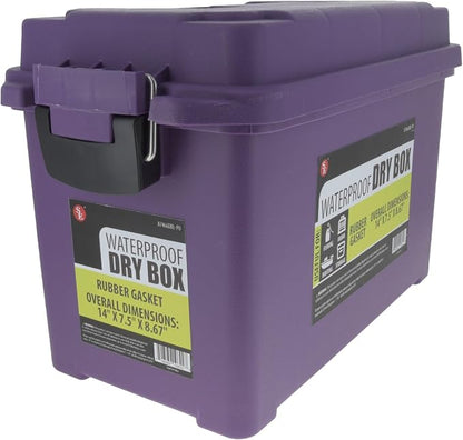 SE Waterproof Dry Box with Detachable Lid – 14" x 7.5" x 8.67" Purple Storage Case with Rubber Gasket Seal, Snap Closures & Handle for Camping, Boating, Fishing Gear & Outdoor Protection - 87466DBL-PU