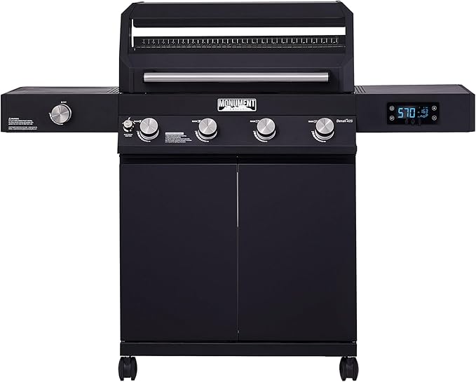 Monument Grills Denali Series, 4+1 Liquid Propane Gas Smart BBQ Grill, 4 Burners & 1 Side Burner Denali 425 with Smart Technology and Knob Controls, Black