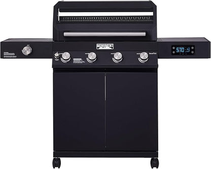 Monument Grills Denali Series, 4+1 Liquid Propane Gas Smart BBQ Grill, 4 Burners & 1 Side Burner Denali 425 with Smart Technology and Knob Controls, Black