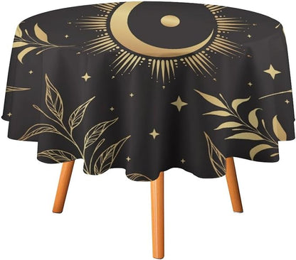 Sun Moon Round Tablecloth Vintage Boho Astrology Gold Celestial Star Crescent Galaxy Space Table Cloth Water Resistant Wipeable Table Cover for Picnic Party Kitchen Dinner Table 50"