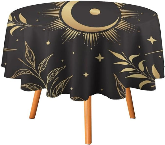 Sun Moon Round Tablecloth Vintage Boho Astrology Gold Celestial Star Crescent Galaxy Space Table Cloth Water Resistant Wipeable Table Cover for Picnic Party Kitchen Dinner Table 36"