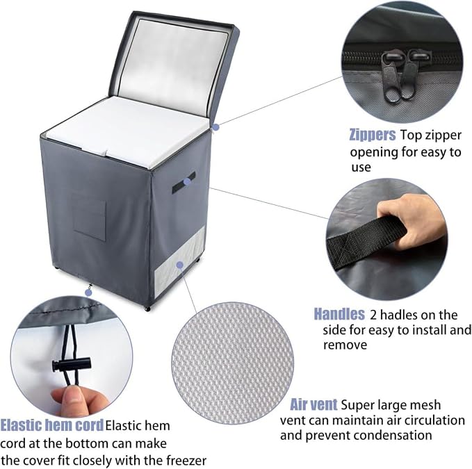 Outdoor Refrigerator Cover Heavy Duty Waterproof Polyester Freezer Cover with Top Zipper Grey Fits 29.5 X 29.1 X 22.4 Inch for Patio and Outdoor Kitchens