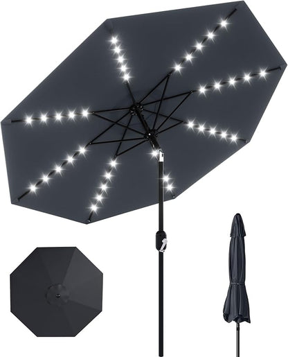 GarveeLife 10 ft Patio Umbrella with Solar Lights, 8 Ribs Outdoor Market Table Umbrella with 40 LED Lights & Tilt Crank for Pool, Deck, Backyard (Grey)