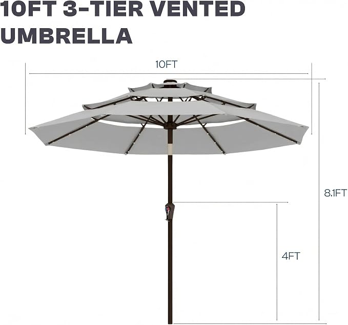 10ft 3 Tier Patio Umbrella, Outdoor Market Table Umbrella with UPF 50+ Vented Canopy, 8 Sturdy Ribs, Easy Push Button Tilt and Crank, Windproof for Deck, Pool, Backyard and Garden