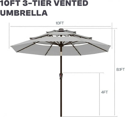 10ft 3 Tier Patio Umbrella, Outdoor Market Table Umbrella with UPF 50+ Vented Canopy, 8 Sturdy Ribs, Easy Push Button Tilt and Crank, Windproof for Deck, Pool, Backyard and Garden