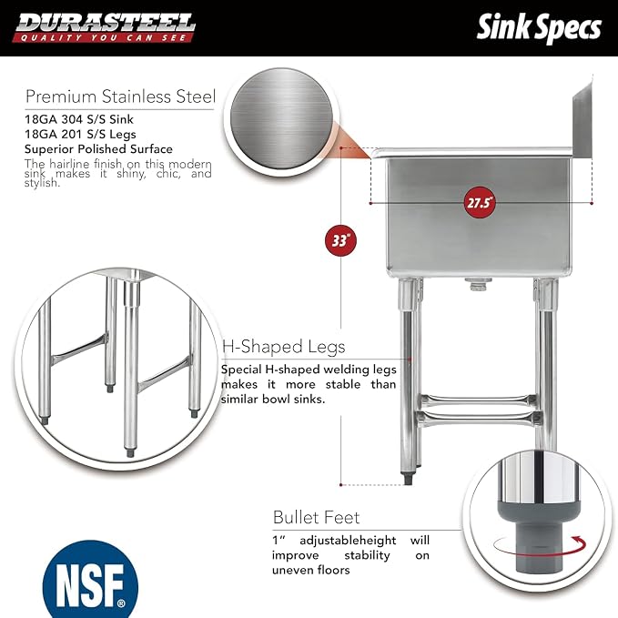 DuraSteel 304 Commercial Stainless Steel Utility Sink - 24 Inch Tub Freestanding Prep Kitchen Sink w/Faucet - NSF Hand Wash Station for Kitchen Sinks, Outdoor, Laundry Room, Garage Small Kitchenette