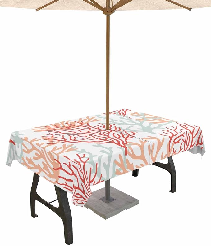 Red Orange Grey Coral Coastal Outdoor Tablecloth - 54x80 Inch Rectangle Waterproof Dining Table Cover, Summer Beach Sea Nautical Outdoor Table Cloth with Umbrella Hole & Zipper for Patio