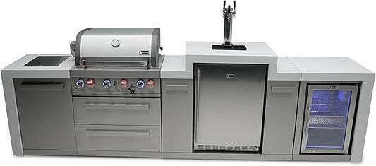 Mont Alpi 130"W Stainless Steel Deluxe Modular Outdoor Kitchen Island with Refrigerator + 3 Tap Kegerator Beer Dispenser + 32"W 4-Burner BBQ Grill + Side Burner + Granite Countertops + Storage + Cover