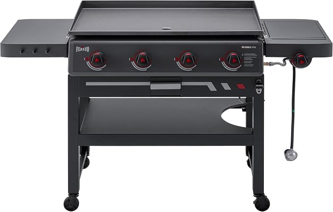 Feasto 36" 4-Burner Propane Griddle w/Side Burner, 63,000 BTU, 720 Sq.In. | Outdoor Flat Top Grill w/Grease Cup & Foldable Side Table, for Patio Backyard BBQ, Black