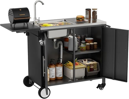 KEIKI Outdoor Grill Table with Sink & Foldable Worktop, 304 Stainless Steel BBQ Cart with Storage Cabinet & Wheels, Outdoor Kitchen Prep Station with Large Basin for Backyard, Garden, Patio