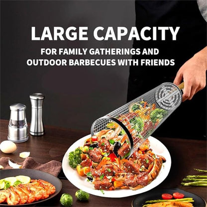 Nesting Rolling Grill Baskets 2PCS,304 Stainless Steel BBQ Tools with Removable Wooden Handle for Vegetables,Shrimp,Camping,Backyard,Outdoor Grilling Accessories,Grilling Gifts for Men