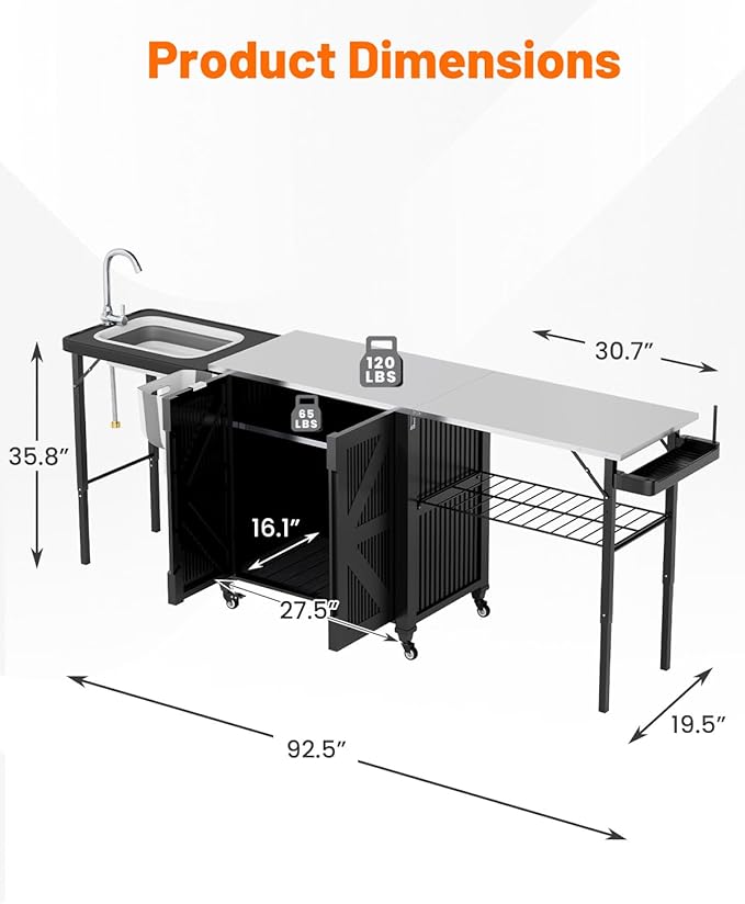 AECOJOY Outdoor Grill Cart Table with Sink, Portable Folding Outdoor Kitchen Island with Storage Cabinet, Stainless Steel Rolling Grill BBQ Food Prep Station with Wheels for Patio, Backyard